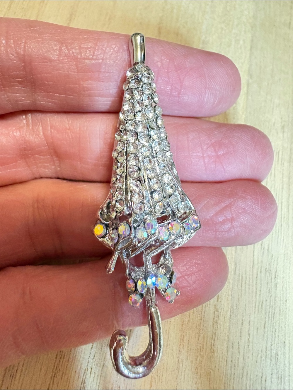 Silver Crystal Umbrella Pendant Necklace Charm - Silver